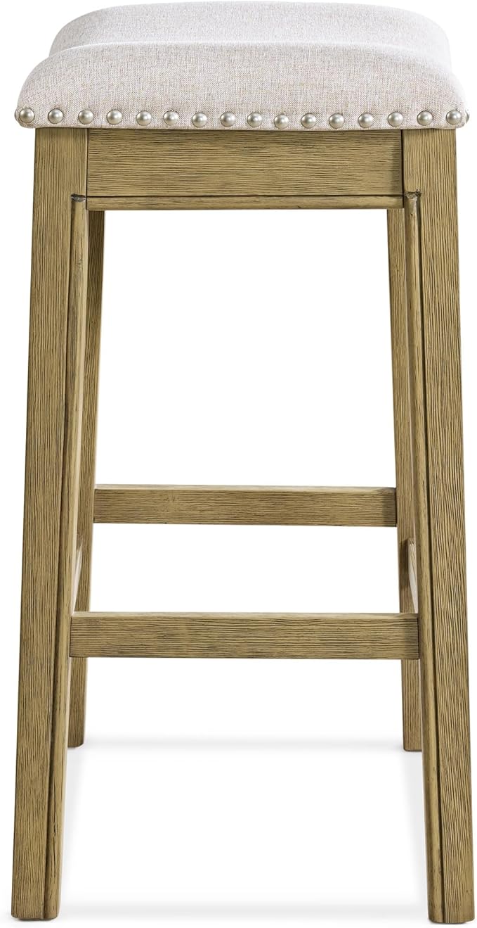 ROME + OAK Set of 3 Parker 26" Counter Stool, Backless Saddle Kitchen Barstool in Natural Wood Finish with Wheat Cream Fabric Upholstery Cushion Seat