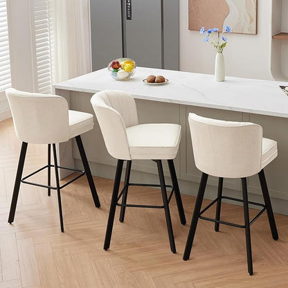 Swivel Counter Height Bar Stools Set of 2, 30'' Modern Barstools with Backs and Metal Legs, Upholstered Bar Chairs, Beige, Fabric Stools for Kitchen Island Chairs