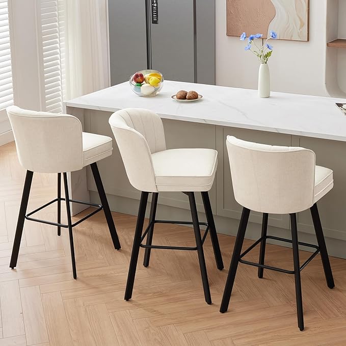 Swivel Counter Height Bar Stools Set of 4, 30'' Modern Barstools with Backs and Metal Legs, Upholstered Bar Chairs, Beige, Fabric Stools for Kitchen Island Chairs