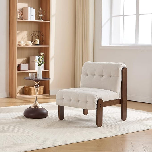 HEAH-YO Accent Chair Set of 2,Modern Vintage Living Room Chair for Bedroom with Button Tufted Back and Wood Legs,Upholstered Comfy Reading Chair for Makeup Vanity Cafe,Chenille Beige