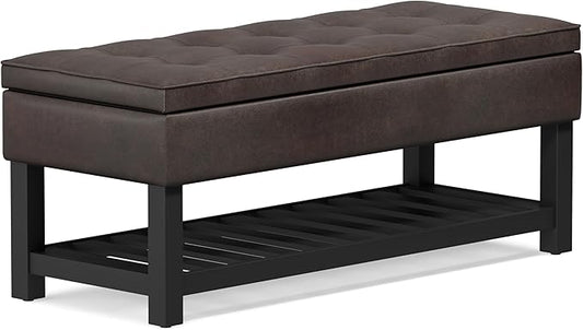 SIMPLIHOME Cosmopolitan 44 inch WideTransitional Rectangle Storage Ottoman Bench with Open Bottom in Distressed Brown Vegan Faux Leather, Assembled for the Living Room and Bedroom