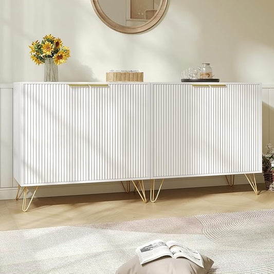 Fluted Storage Cabinet, Set of 2, Sideboard Buffet Cabinet, Modern Wood Accent Cabinet with Adjustable Shelves, Console Table for Living Room, Hallway, Entryway, White