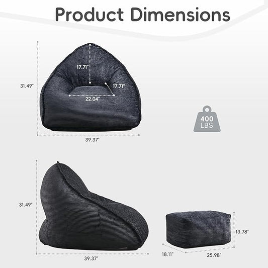 Cloud Bean Bag Chair with Ottoman for Adults, Comfy Corduroy Chaise Lounge Chair with High-Resilience Foam, Oversized Boneless Reading Chair for Bedroom & Living Room (Charcoal)