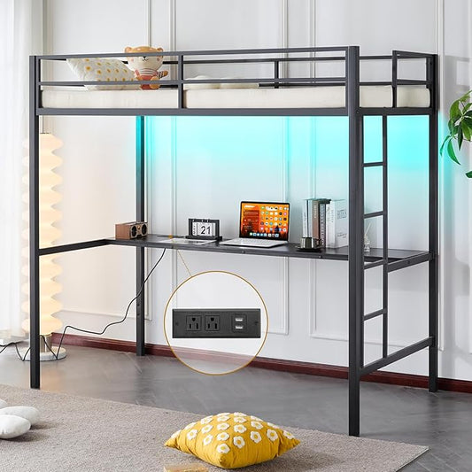 Karl home Twin Metal Loft Bed with Desk, with Power Outlet and LED Lighted, Safety Guardrail & Ladder, Space Saving, No Noise, No Box Spring Needed, Black