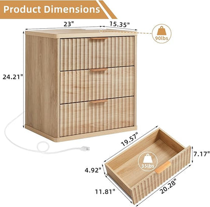 LEYAOYAO 23" Wide Fluted Night Stand with Charging Station, 3 Drawers Large End Table with Storage, Natural Nightstand Wood Bedside Tables, Farmhouse Cabinet Dresser for Bedroom, Closet