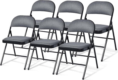 GOFLAME 6 Pack Folding Chairs, Fabric Dining Chair Set with Padded Seat & Metal Frame, Indoor Outdoor Upholstered Commercial Seat for Home Office Events Wedding Party, Grey & Black