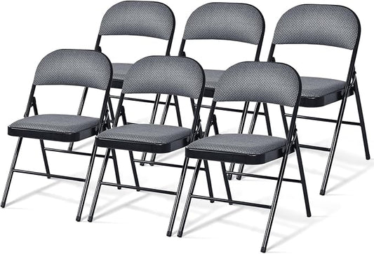 GOFLAME 6 Pack Folding Chairs, Fabric Dining Chair Set with Padded Seat & Metal Frame, Indoor Outdoor Upholstered Commercial Seat for Home Office Events Wedding Party, Grey & Black