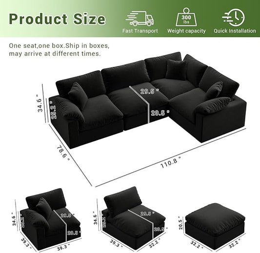 Cloud Modular Sectional Sofa,189.4" Down Filled Sofa 4 Seat with Chaise,Minimalist Sofa Cover Washable and Replaceable Couches for Living Room,Sectional Sofa Deep Seat Black