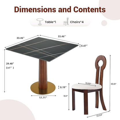 Sintered Stone Square Office Table and Chair Set - Meeting Table for Small Offices (Dark Brown Leg and Black Top, 1 Table and 4 Chairs)