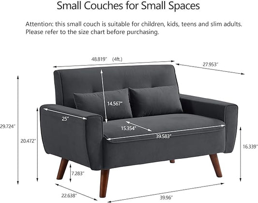48.8" Small Loveseat Sofa, Mid Century Modern Love Seat Couch with Back Cushions and Plastic Legs, 2 Seater Couches for Living Room, Bedroom, Small Spaces, Dark Grey