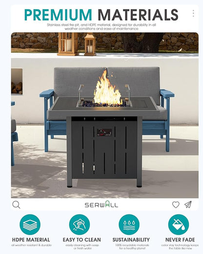 SERWALL Patio Furniture Set with 33” Fire Pit Table, HDPE Outdoor Sectional Sofa Set with Thickened Cushions, Grey Frame with Grey Cushions