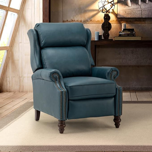 HULALA HOME Genuine Leather Recliner Chair, Traditional Manual Pushback Comfy Seating for Living Room, Thick Cushion & Solid Wood Legs, Wingback Recliner with Nailhead Trim, Turquoise