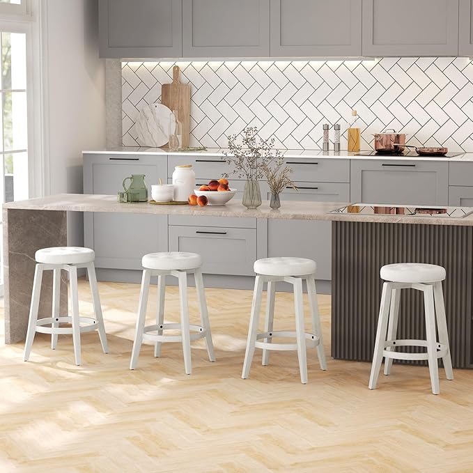 COSTWAY 360° Swivel Bar Stools Set of 4, 26-inch Height Vintage Upholstered Rubberwood Backless Bar Chairs with Footrest, Retro Kitchen Counter Stools for Kitchen Island Dining Room Home Bar, White