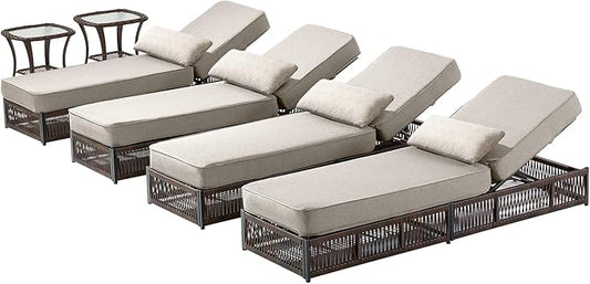 Luxury Outdoor Chaise Lounge Chairs of 4 with 5 Inch Thick Cushions and Side Table - 6 PCS High Back Brown Wicker Rattan Patio Recliners Lounger Furniture Set for Poolside Sunbathing - Beige