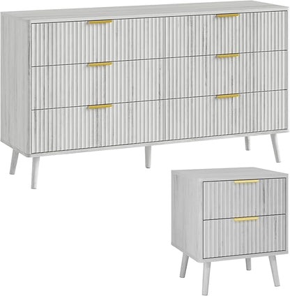 LYNSOM Fluted Dresser and Nightstand Sets 2 Piece, 2-Drawer Nightstands and 6-Drawers Dresser, Wood Bedroom Furniture Set for Home, Bedroom, Hallway, White