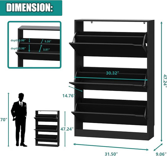Shoe Storage Cabinet for Entryway with 3 Flip Drawers, Sturdy Wood Hidden Shoe Storage, Freestanding Narrow Slim Shoe Organizer for Front Door Entrance, Living Room, Hallway, Bedroom, Black