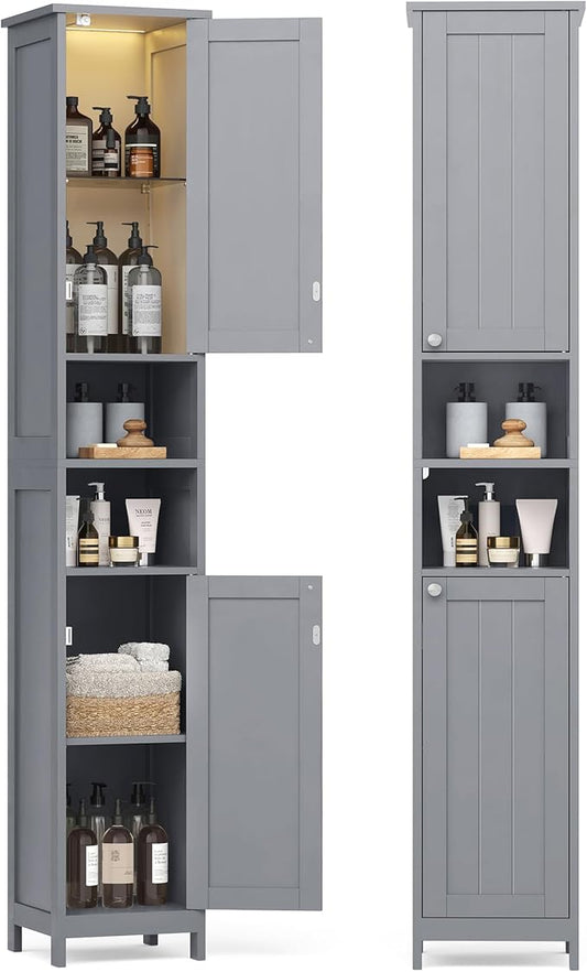 VASAGLE Tall Storage Cabinet with Lights, Slim Freestanding Cabinet with Adjustable Shelves, for Small Spaces, Bathroom, Living Room, Modern, 11.8 Inches Wide, Dove Gray UBBC566G02