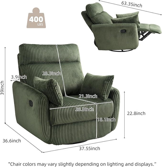 Swivel Recliner Chair for Adults, Corduroy Nursery Glider Rocking Chair, Armchair with 2 Pillows, Comfy High Back Reclining for Small Spaces, Nursery Bedroom Living Room (Corduroy Green, 1 Pack)