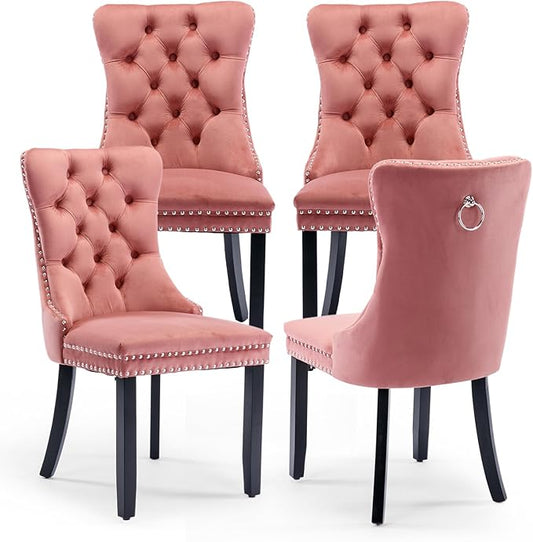 Velvet Upholstered Dining Chairs Set of 4, Modern Style Kitchen Side Chairs with Nailhead Trim and Wood Legs,Metal Pulling Ring for Dining Room Living Room(Pink,Set of 4)