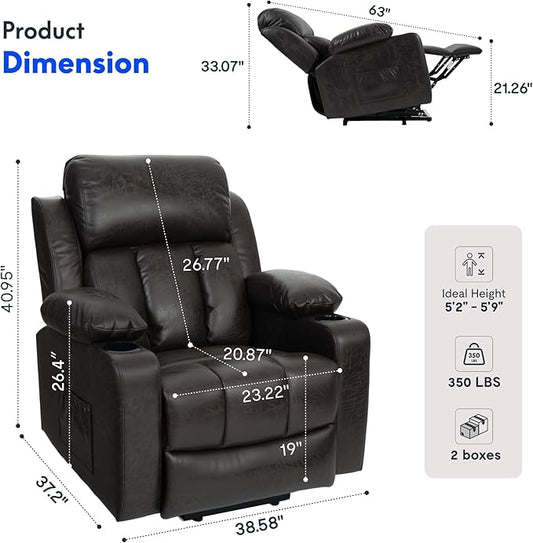 FLEXISPOT XL31-L Power Lift Recliner Chair for Elderly, Electric Lift Chair with Massage & Heat, PU Leather Reclining Sofa with Cup Holders, Side Pockets for Living Room Bedroom(Large Size, Charcoal)