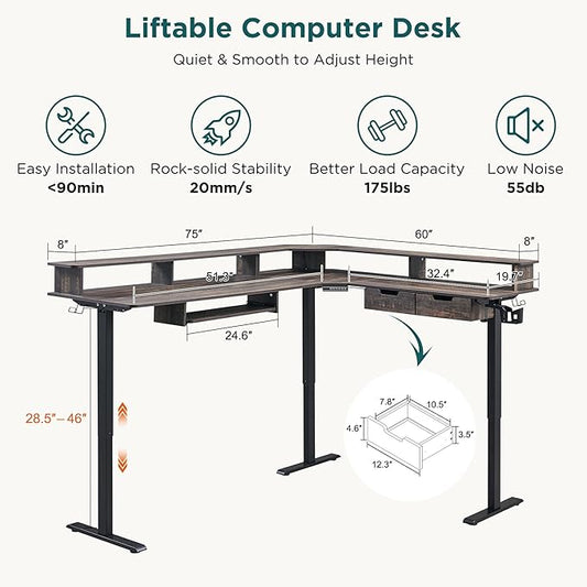 RedLemon 75X60 Inches L Shaped Electric Standing Desk,Height Adjustable Corner Gaming Desk with Drawers, Keyboard Tray, Power Outlets & LED Lights, Computer Desk with Monitor Shelf, Dark Rustic Oak