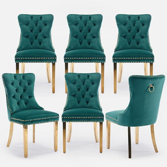 Velvet Upholstered Dining Chairs Set of 6, Modern Style Kitchen Side Chairs with Nailhead Trim and Gold Plated Leg, Metal Pulling Ring for Dining Room Living Room(Green,Set of 6)
