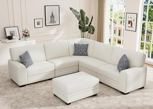 Wanderwell Oversized Modular Sectional Sofa, 6-Seater U Shaped Couches with Movable Ottoman,Corduroy Sectional Couch with Wide and Deep Seats Suitable for Living Room,Bedroom,Apartment (Cream, L-6)