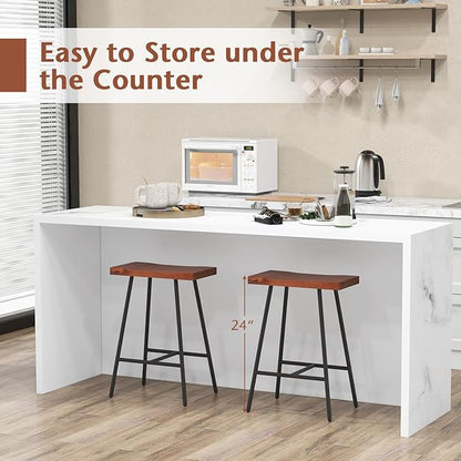 COSTWAY Industrial Bar Stools, 24-inch Backless Counter Height Saddle Stools with Footrest, Metal Legs, Adjustable Foot Pads, Barstools for Kitchen Island Cafe Restaurant, Walnut+Black (Set of 4)