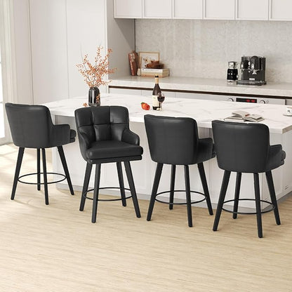360°Swivel Counter Height Bar Stools with Back, 26 inch Solid Wood Legs, Bar Stool Modern Kitchen Island Chairs, Faux Leather (Black- Faux Leather, 26" H- Set of 2)