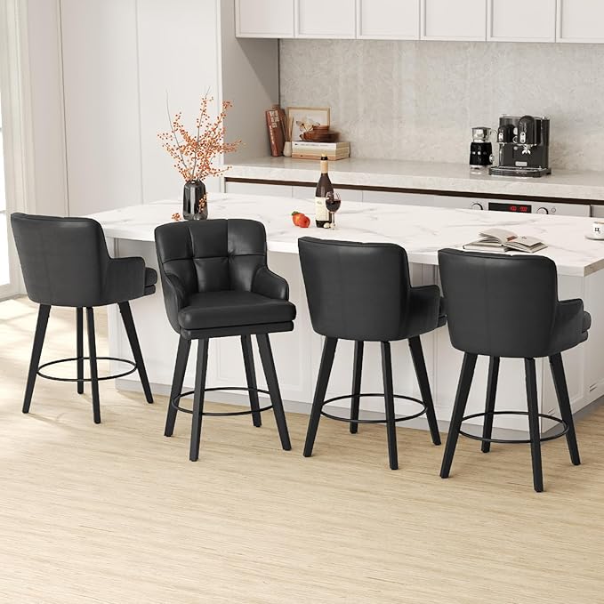 360°Swivel Counter Height Bar Stools with Back, 26 inch Solid Wood Legs, Bar Stool Modern Kitchen Island Chairs, Faux Leather (Black- Faux Leather, 26" H- Set of 6)