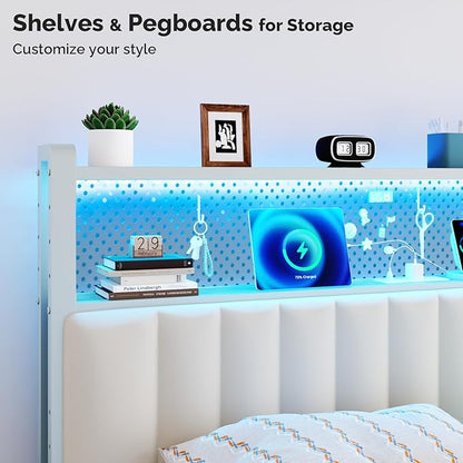 VINGLI King Size Headboard Only, Adjustable Upholstered Headboard with 2 Tier Shelves and Pegboard with Charging Stations and LED Lights, Modern Bed Headboard with Storage for Bedroom Decor