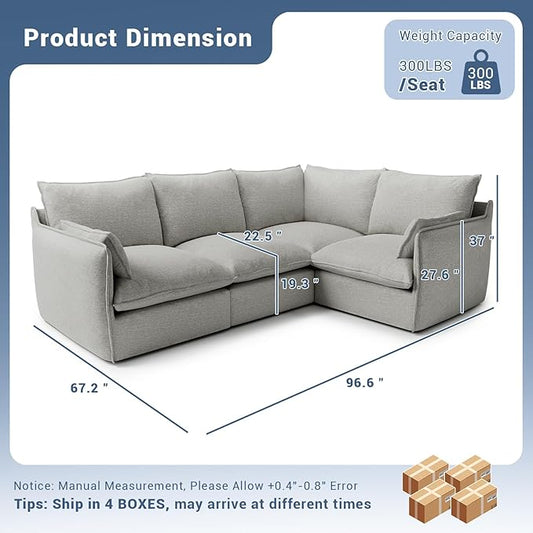 Cloud Modular Sectional Sofa, Waterproof Down Filled Sectional Sofas, High Backrest 4 Seater Sectional Couches for Living Room, Modern Modular Couch with Removable Cover, Light Gray