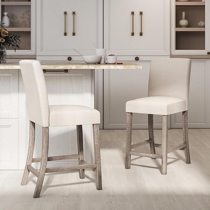 COSTWAY Counter Height Bar Stools Set of 4, 24.5’’ Upholstered Mid Century Modern Island Chairs with Rubber Wood Legs, Wooden Barstools for Kitchen, Dining Room, Bar, Restaurant (Beige)