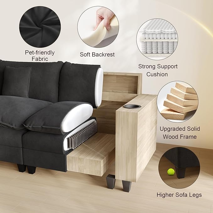 Cloud Couch, Modular Sectional Sofa with Ottoman, Charging Station, Throw Pillows, Cup Holders, Modern Convertible L Shaped Couches for Living Room, Bedroom (Classic Black, 152"- L Shape)