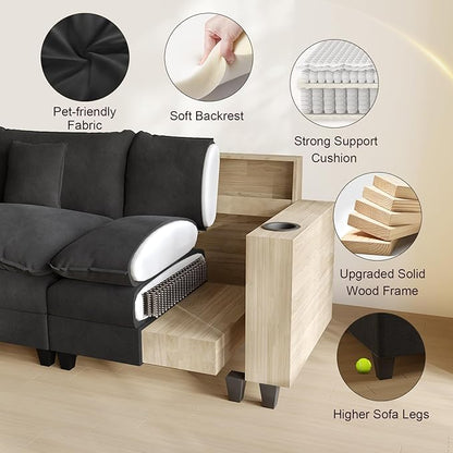 Cloud Couch, Modular Sectional Sofa with Ottoman, Charging Station, Throw Pillows, Cup Holders, Modern Convertible L Shaped Couches for Living Room, Bedroom (Classic Black, 152"- U Shape)