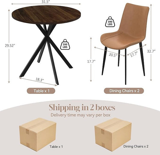31.5" Round Dining Table and Chairs Set for 2, Small Dining Table Chairs Set Space-Saving, Small Dinette Sets for 2 for Kitchen Dining Room Apartment(Walnut Table + Brown Chairs)