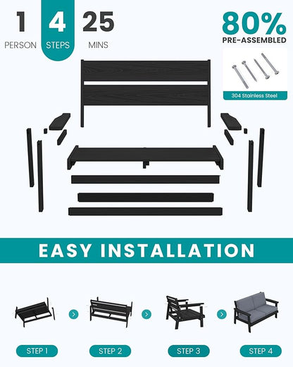 SERWALL Outdoor Loveseat, Black Frame and Grey Cushion