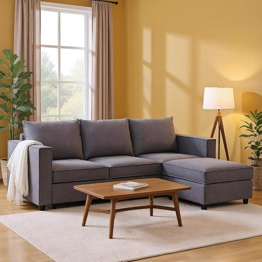 90 Inches Cloud Modular Sectional Sofa, L Shaped Linen Couch with Reversible Chaise, 3 Seater Convertible Comfortable Sofa Couch for Living Room/Apartment, Grey