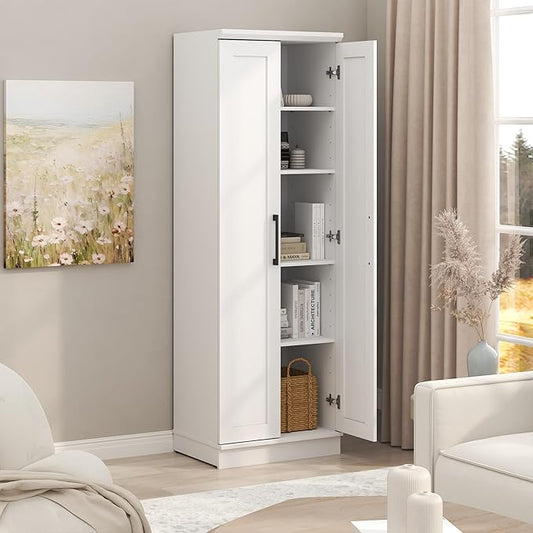 Furinno Robin Storage Cabinet, 5-Tier Pantry Cabinet with Adjustable Shelves, 23W with 2 Shaker-Doors, Kitchen Cabinet, Organization and Storage, for Pantry, Living Room, Home Office, White
