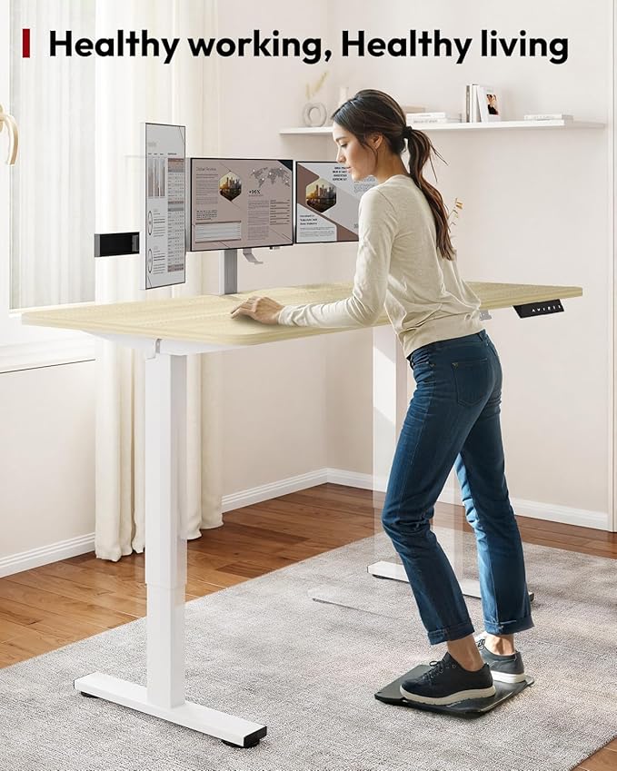 SANODESK Standing Desk Height Adjustable Electric Stand up Desk 63x32 Inches Sit Stand Home Office with Splice Board, White Frame/White Wood Grain