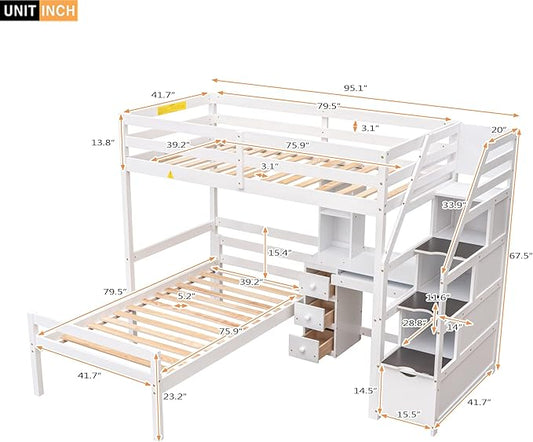 Twin Size Solid Wood Loft Bed with Storage Staircase and Desk, Bedroom Multifunctional Separable Bed Frame w/Shelves & Drawers,No Box Spring Needed,for Adult Kid Boy Girl,White