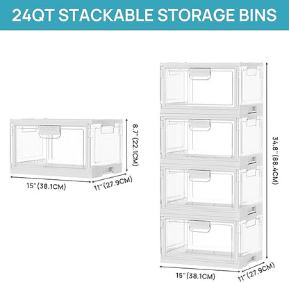 Vtopmart 8 Pack Clear Stackable Storage Bins with Lids 24QT, Foldable Storage Boxes with Doors Open Front, Plastic Closet Organizer for Craft, Toys, Pantry Organization