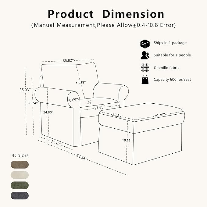 35.82" Accent Chair with Ottoman Upholstered Living Room Chairs for Reading Chair with Chaise Lounge Chairs Indoor, Comfortable Armchair for Bedroom (Green, 35.82")