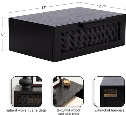 Kate and Laurel Ori Transitional Cane Rattan Floating Side Table with Pull-Out Storage Drawer, 18x13x6, Black