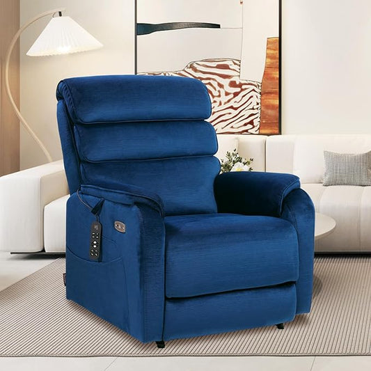 EONIX Wide Lay Flat Power Lift Recliner Chair for Elderly, Heavy Duty Oversized Fabric Lift Chairs Recliner Sofa with Heat and Massage and Charging Ports, Chenille Blue