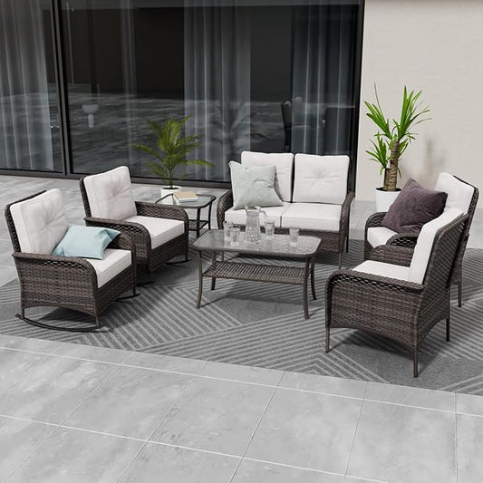 COOS BAY Vintage Courtyard Patio Furniture Set, Wicker Outdoor Furniture, Patio Conversation Sets, 2 Chairs, 2 Rocking Chairs, Loveseat, Coffee Table and Side Table, 7 Pieces, Gray/Beige