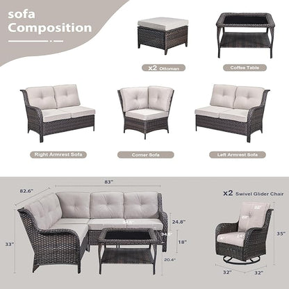 HUMMUH 8 Piece Patio Furniture PE Wikcer Outdoor Furniture Set with Sectional Sofa Swivel Patio Chairs Ottomans and Glass Coffee Table for Yard,Garden,Lawn