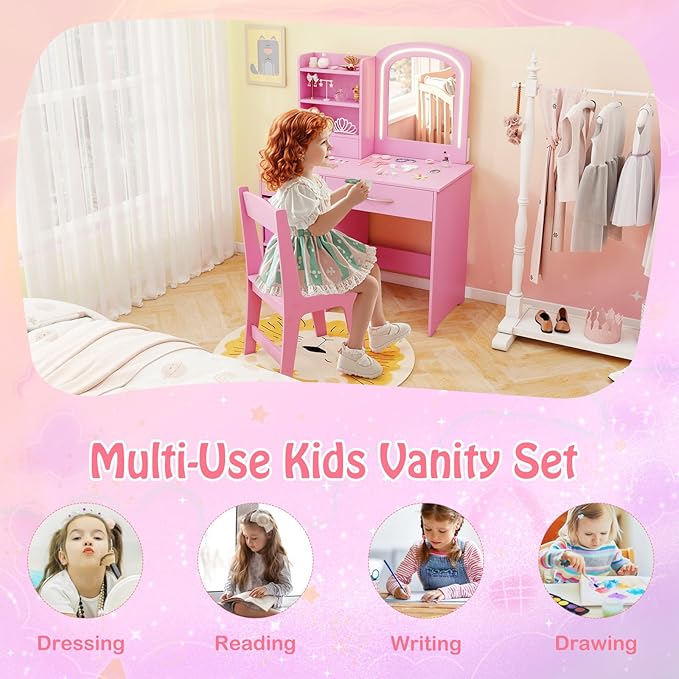 HONEY JOY Kids Vanity, Little Girls Vanity Set with Mirror and Stool and Lights, Wooden Princess Makeup Dressing Table, Storage Box & Shelf, Pretend Play Kids Vanity Table and Chair Set(Pink)