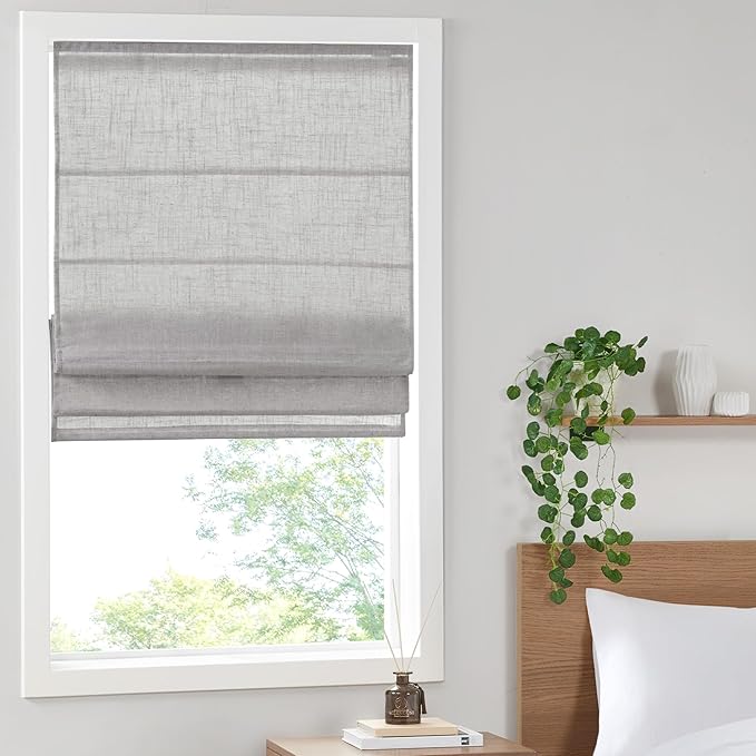 Madison Park Kyler Cordless Roman Shades - Single Panel, Lightweight Linen Blend Fabric, Natural Design, Easy Installation, Light Filtering Window Blind, Bedroom, Living Room Decor 31" W x 64" H Grey