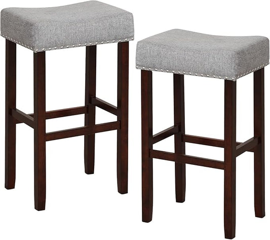 COSTWAY Counter Height Bar Stools Set of 2, 29.5-inch Backless Saddle Stools with Nailhead Trim, Rubber Wood Frame, Footrest, Max Load 330 Lbs, Upholstered Barstools for Kitchen Island Pub, Grey